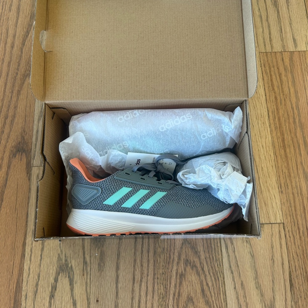 Adidas Kids Gray and Teal Sneakers with Orange Accents size 2 1/2
